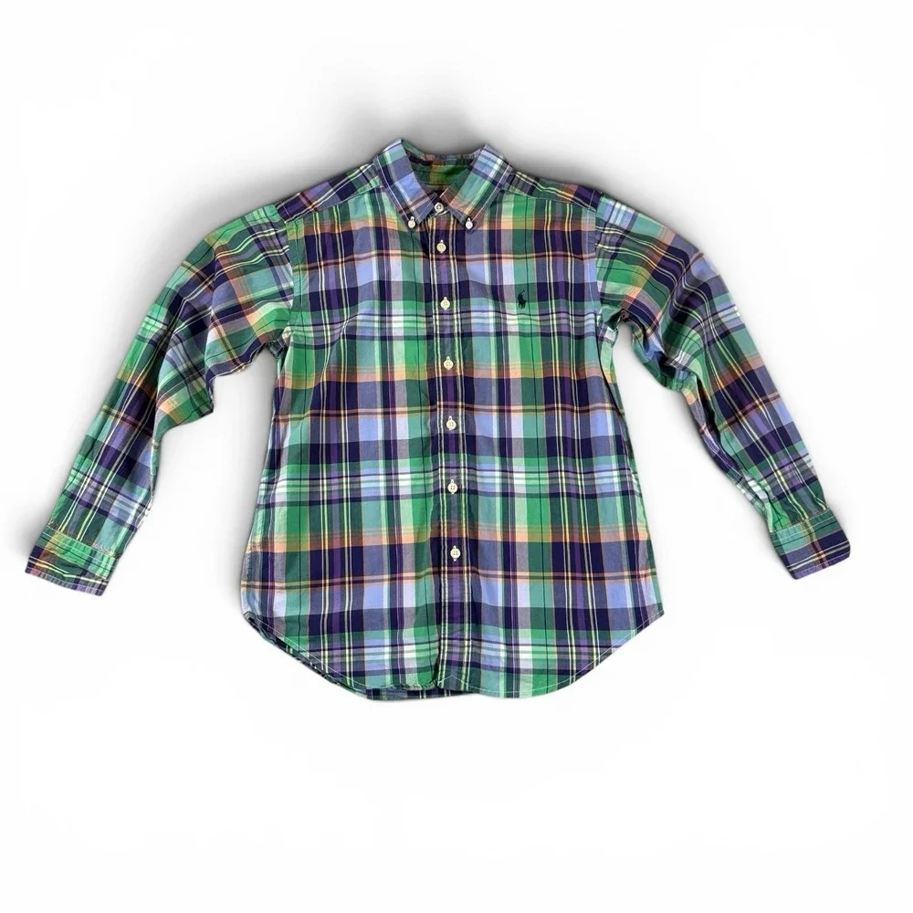Ralph Lauren Boys Long Sleeve Button-Up Shirt, Plaid, Size M (10-12) Blue Green